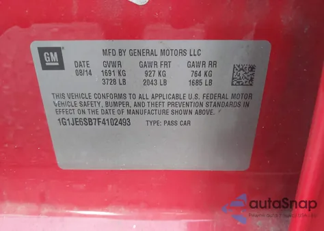 2015 Chevrolet Sonic Ltz Auto from USA, damaged, VIN 1G1JE6SB7F4102493